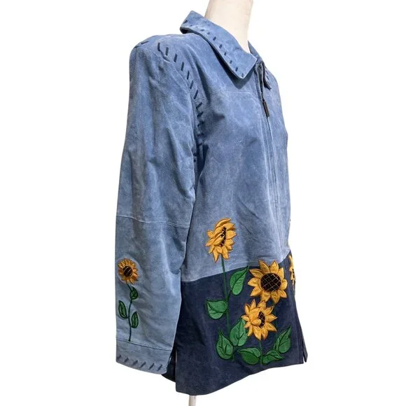 Quacker Factory Blue Suede Jacket Embroidered Sunflowers Vtg Full-Zip Size L - Picture 2 of 9